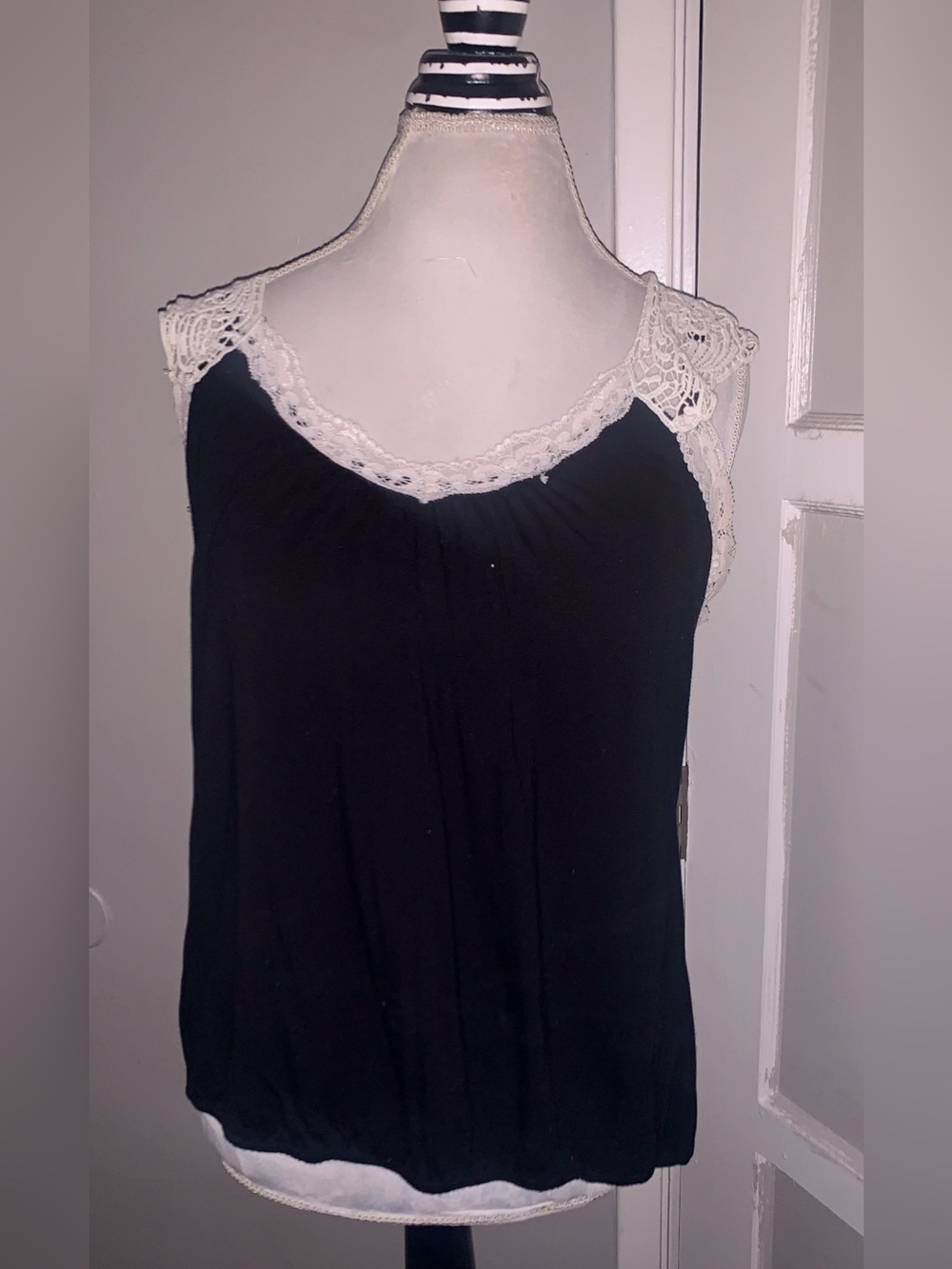 Black Tank Top with Cream Lace Trim